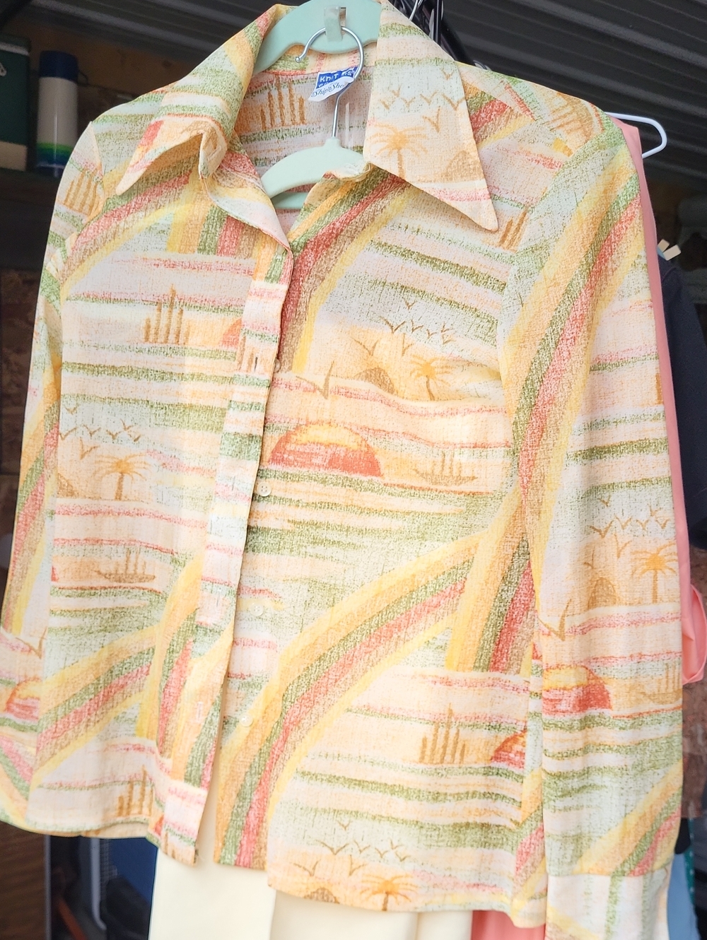 Vintage Pastel Palm-Print Button-Up Shirt - Yellow & Green